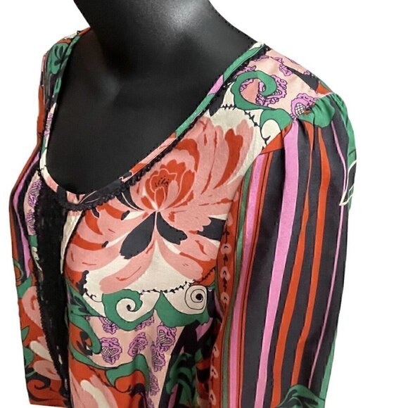 Silk Odille 3/4 Sleeve Floral Multicolor Tier Tunic Black Lace Trim Women’s 8 - Picture 3 of 14